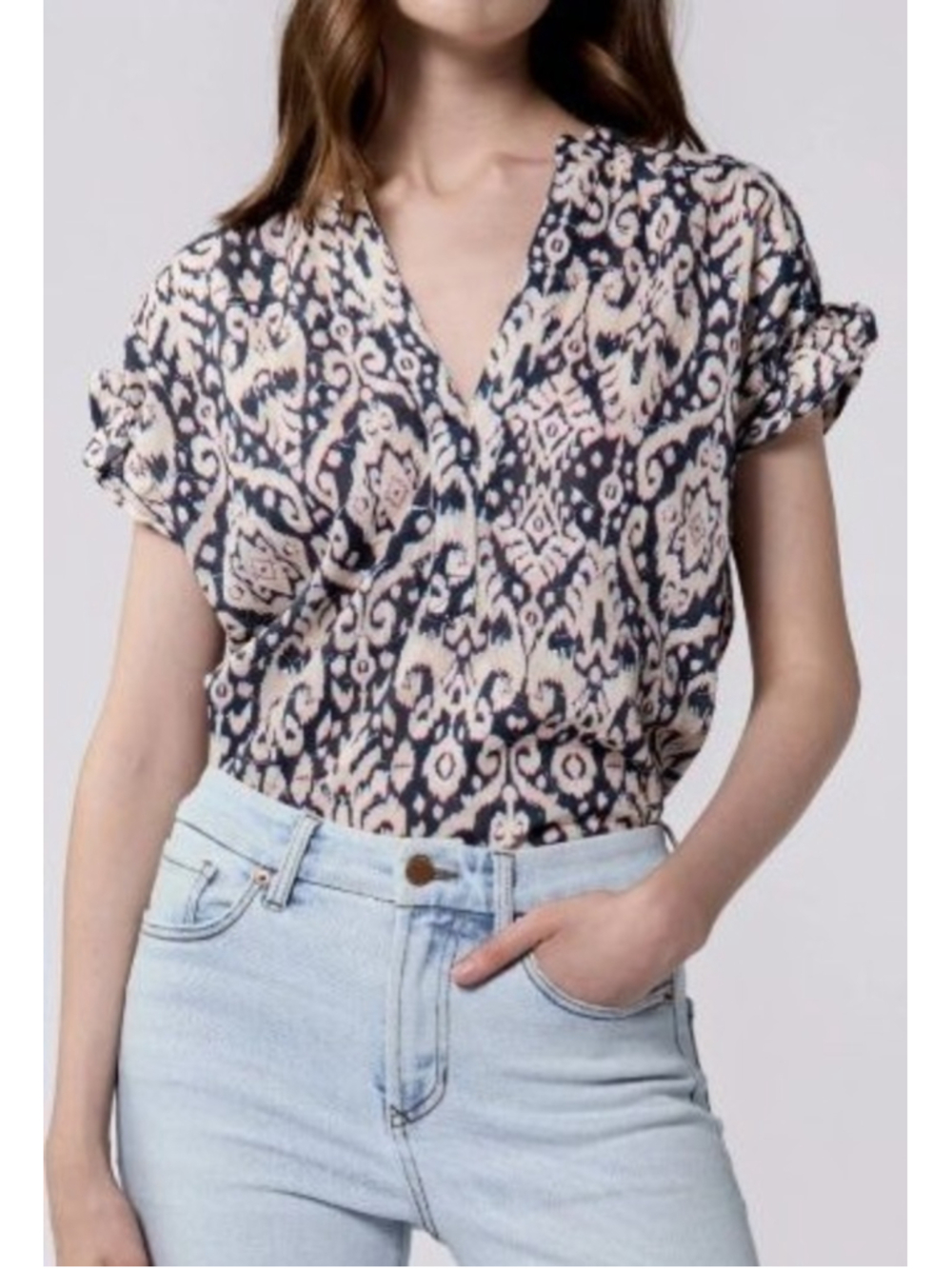 DEAR JOHN Julia Novelty Paisley Ikat Print Blouse Ruched sleeve & Back XS